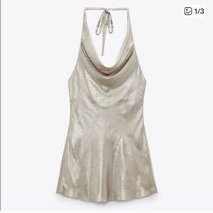 NWT Zara Mini Slip Dress Cowl Neck Halter Low Back Silver Metallic L